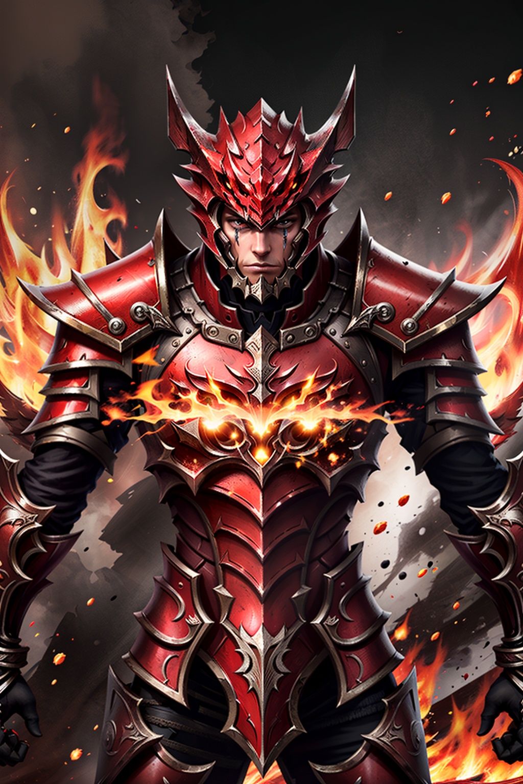 armor, solo, 1boy,  red, <lora:MUqishi_20230611191612:0.65>,(emotional body movements:1.5),(beautiful eyes, bright visuals), 4k, game cg, The battlefield background surrounded by flames