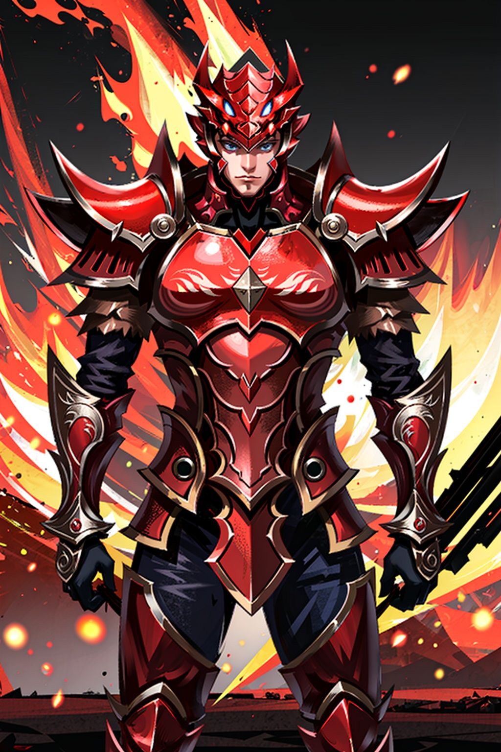 armor, solo, 1boy,  red, <lora:MUqishi_20230611191612:0.65>,(emotional body movements:1.5), 4k, game cg, The battlefield background surrounded by flames, 
