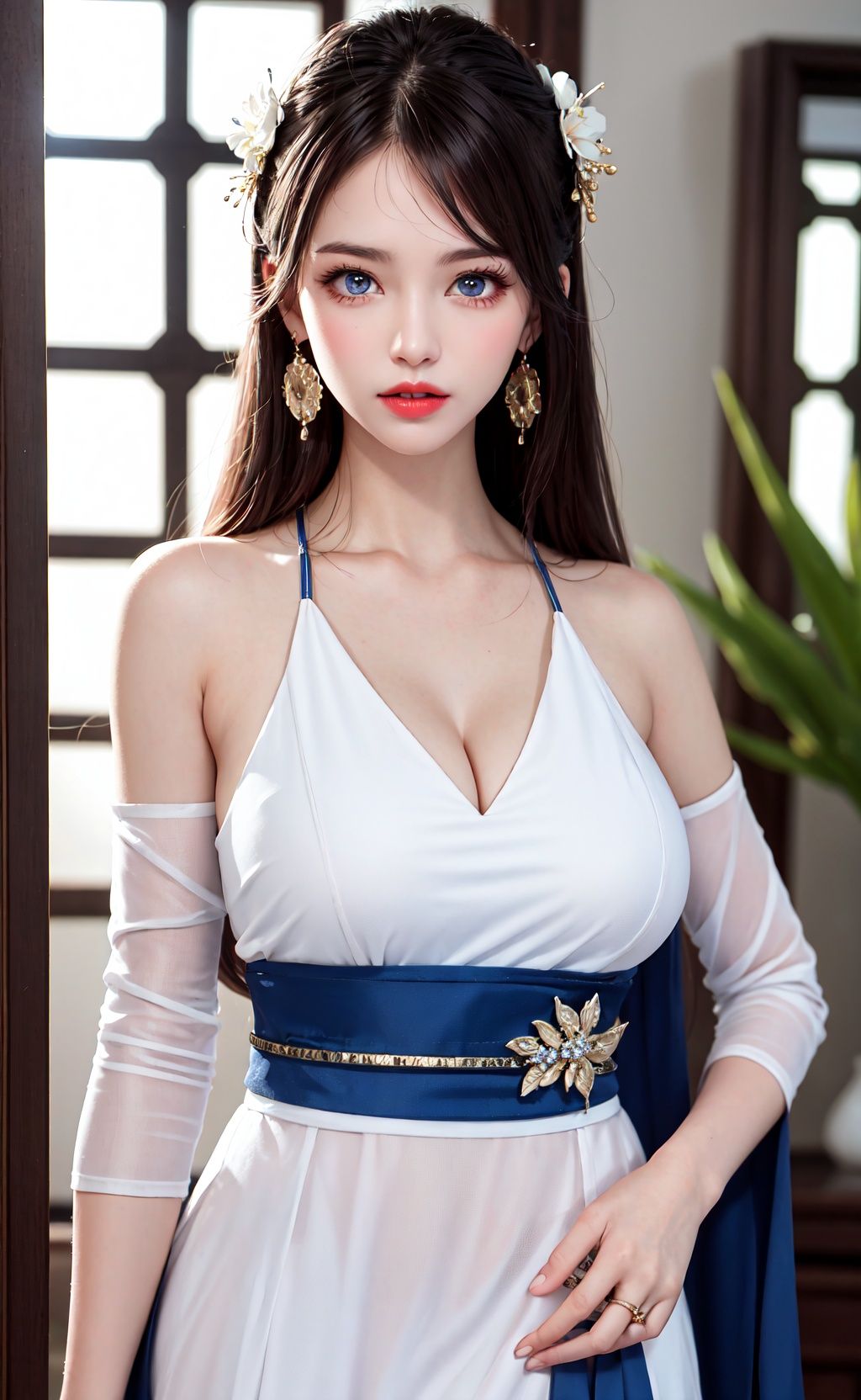 1girl, breasts, dress, jewelry, white dress, cleavage, flower, long hair, earrings, hair ornament, looking at viewer, hair flower, solo, detached sleeves, black hair, realistic, indoors, lips, bangs, mirror, sash, bare shoulders, blue eyes, chinese clothes, large breasts, blurry background, blurry, ring, veiny breasts, red lips, clothing cutout, side slit, parted lips, window