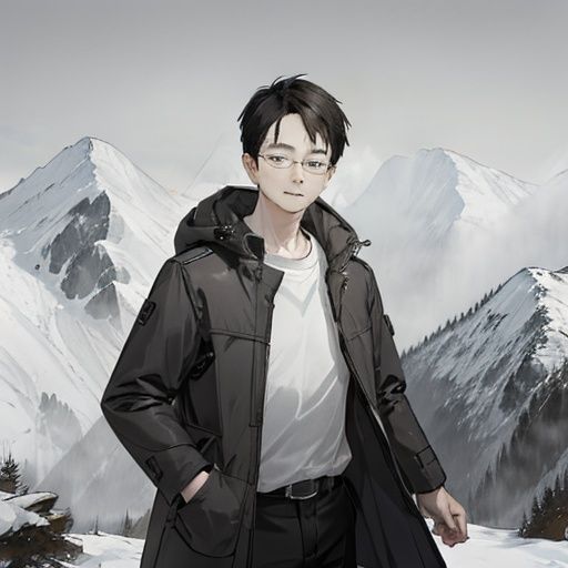 masterpiece, best quality, an man with glasses, wearing a white shirt,  coat, standing at the top of mountain <lora:aki:1.1> <lora:animeoutlineV4_16:.9>