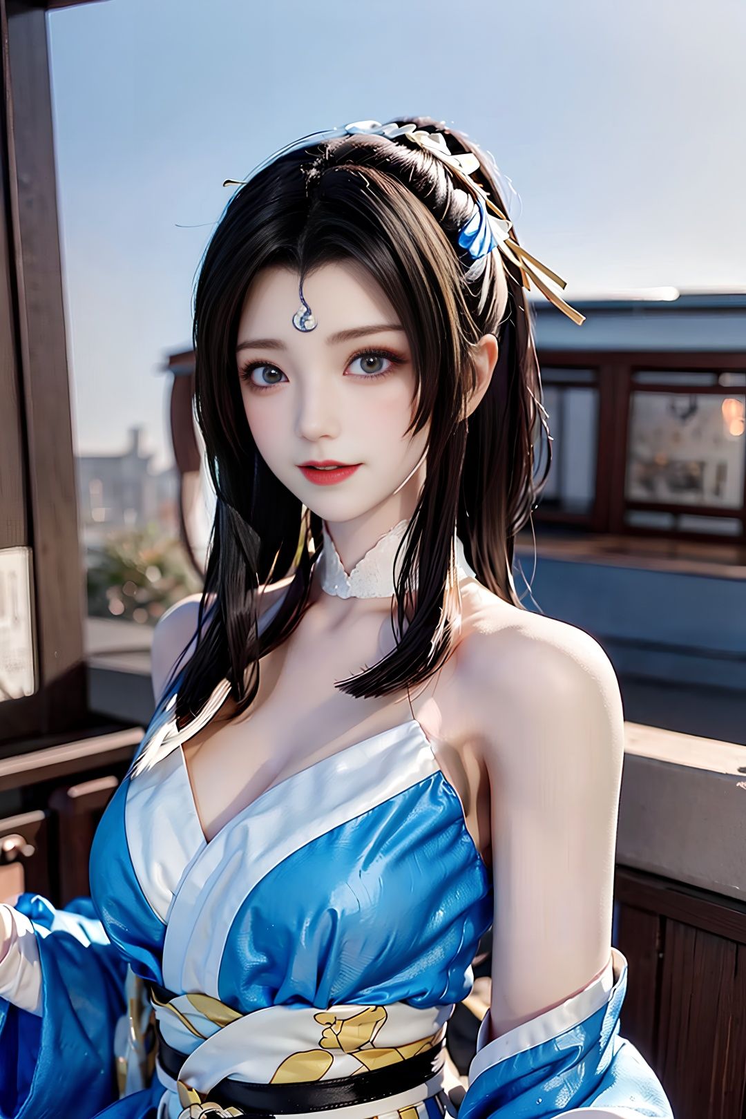 huowu,1girl, solo, black hair, long hair,white thighhighs, chair, high heels, cosplay,((upper body)),young and beautiful, tall and beautiful, fair face, perfect features, tall and beautiful, fair skin, good figure, 4k,cg,holding fan, blue theme,gameCG background,3Drender,realistic,cinematic lighting,smooth fog,detailed face, <lora:chilloutmixss_xss10:0.1> <lora:japaneseDollLikeness_v10:0.3>light smile, (((The Architectural Background of Japanese Style)))