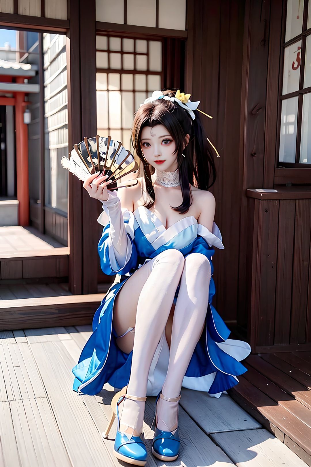 huowu,1girl, solo, black hair, long hair,white thighhighs, chair, high heels, cosplay,((upper body)),young and beautiful, tall and beautiful, fair face, perfect features, tall and beautiful, fair skin, good figure, 4k,cg,(((full body))), sitting sideways, holding fan, blue theme,gameCG background,3Drender,realistic,cinematic lighting,smooth fog,detailed face, <lora:chilloutmixss_xss10:0.1> <lora:japaneseDollLikeness_v10:0.3>light smile, (((The Architectural Background of Japanese Style)))