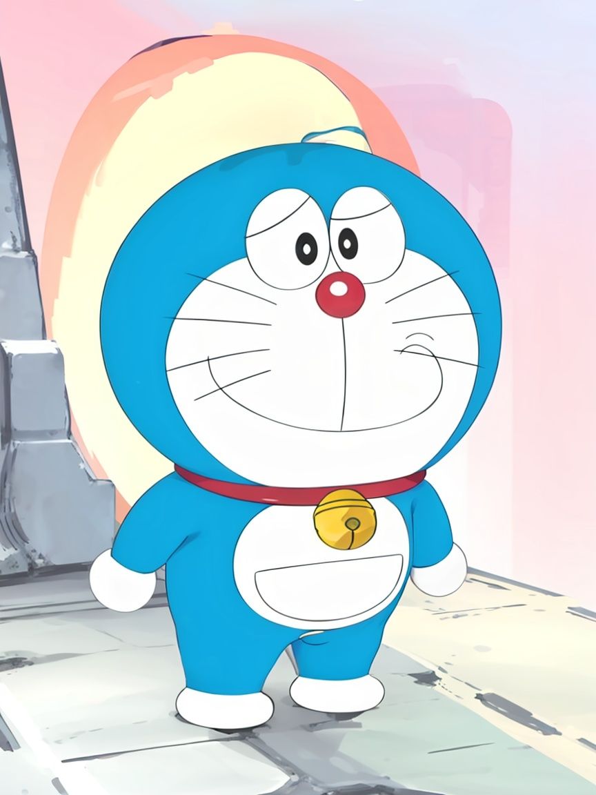 doraemon, blue,neck bell, standing, collar, whiskers, male focus, full body, no humans, black eyes,  jingle bell, masterpiece, best quality, <lora:doraemon-V2:1>