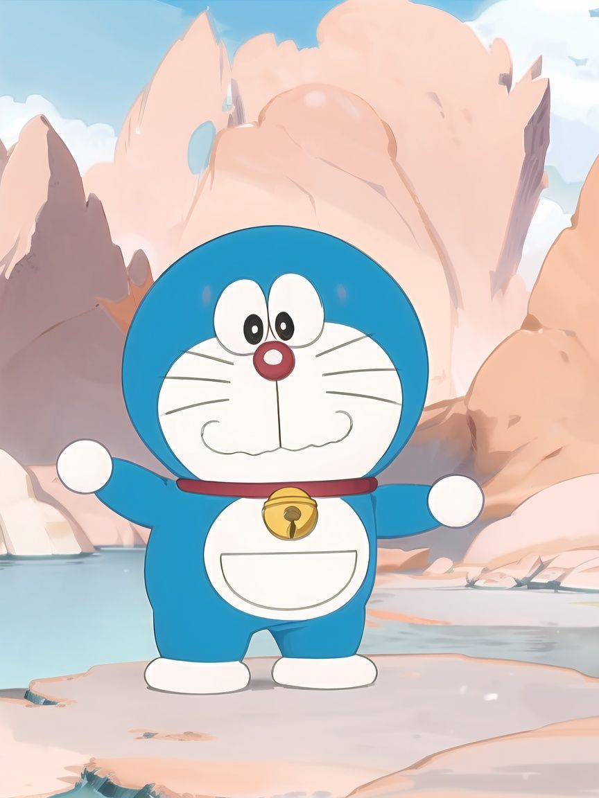 doraemon, blue,white pocket,neck bell, standing, collar, whiskers, male focus, full body, no humans, black eyes,  jingle bell, masterpiece, best quality, <lora:doraemon-V2:1>