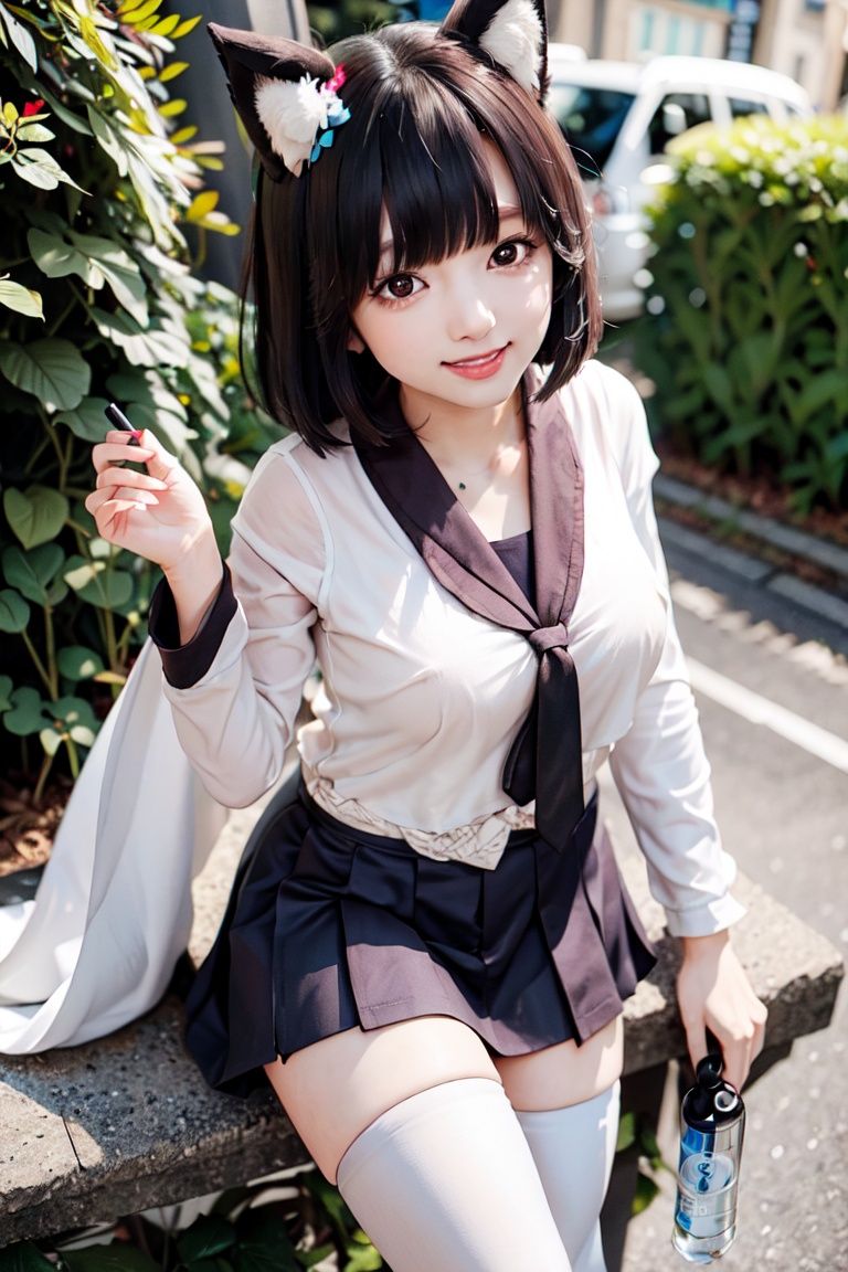 yamashiro\(azur lane\), \(street_corner_offensive\), (school_uniform:1.2),pleated_skirt,from above,smile,cat ears,cowboy shot, outdoors, white_legwear, masterpiece, best quality, extremely detailed face, sharp details, high contrast,触发词看简介,chinese clothes