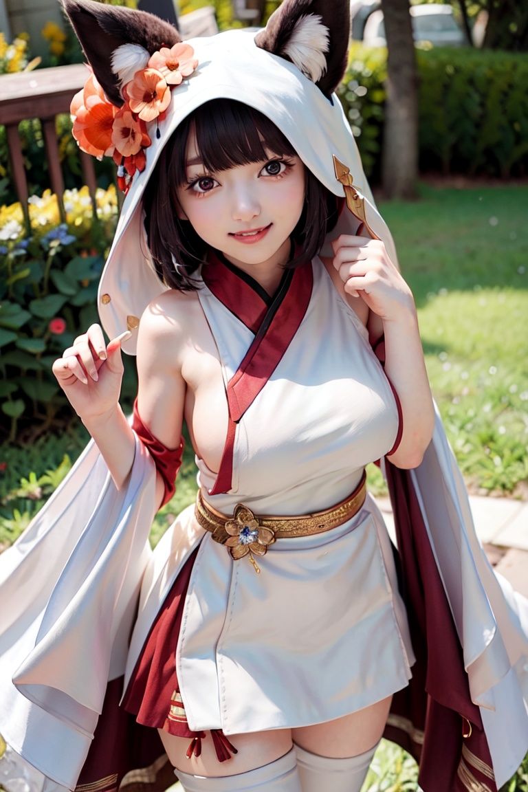 yamashiro\(azur lane\), \(bridal_attack\), uchikake,sideboob,hood,white dress,,from above,smile,cat ears,cowboy shot, outdoors, white_legwear, masterpiece, best quality, extremely detailed face, sharp details, high contrast,触发词看简介,chinese clothes
