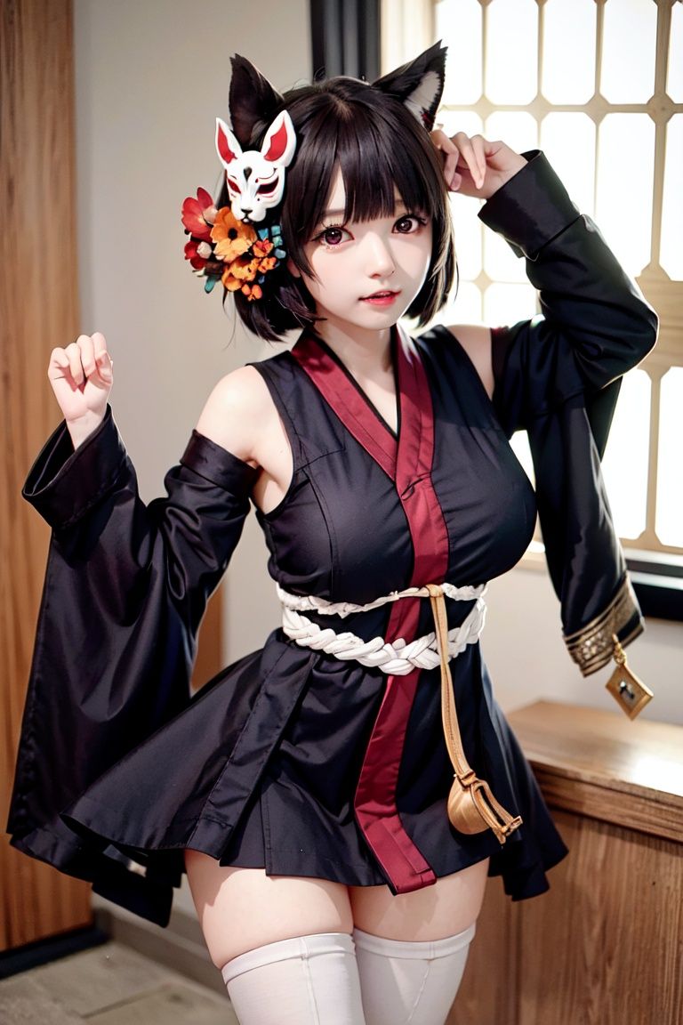 yamashiro\(azur lane\), \(origen\), black_kimono, mask,from above,cowboy shot, indoors, white_legwear, masterpiece, best quality, extremely detailed face, sharp details, high contrast,