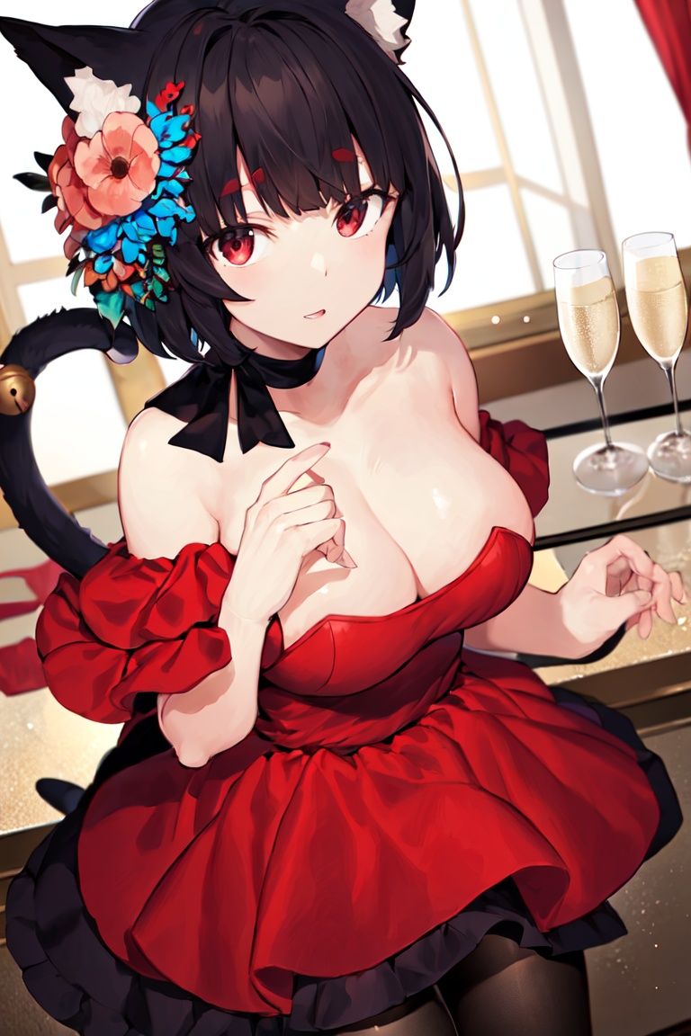 yamashiro\(azur lane\), \(dressy_black_cat\),evening gown,choker,pantyhose, tail_bell,cat tail, looking at viewer,from above,indoors,holding champagne,, masterpiece, best quality, extremely detailed face, sharp details, high contrast,