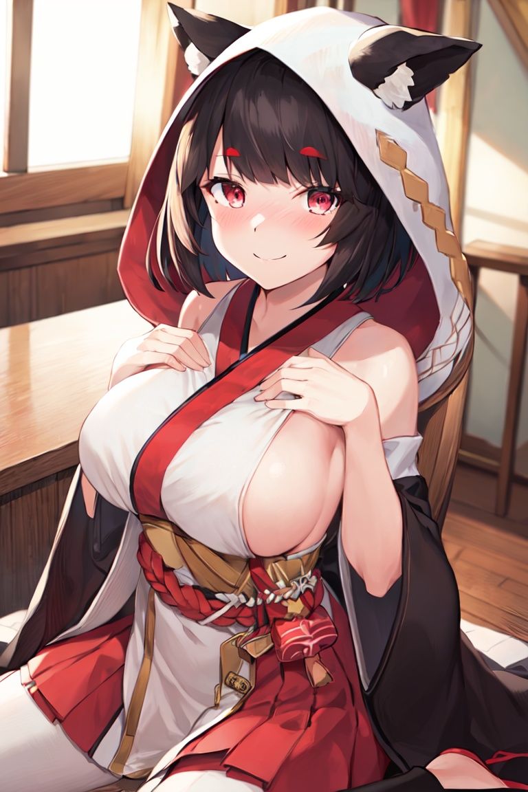 yamashiro\(azur lane\), \(bridal_attack\), (uchikake1.2),sideboob,hood,white dress, looking at viewer,wariza,indoors, smile, blush, hand on own chest,from above,, masterpiece, best quality, extremely detailed face, sharp details, high contrast,