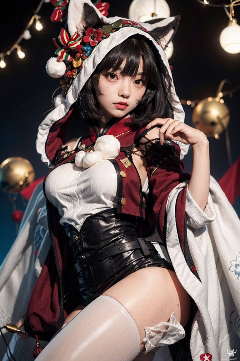 yamashiro\(azur lane\), \(holiday_offensive\), santa_costume, santa_hat,white_legwear, cat ears,masterpiece, best quality, extremely detailed face, sharp details, high contrast,