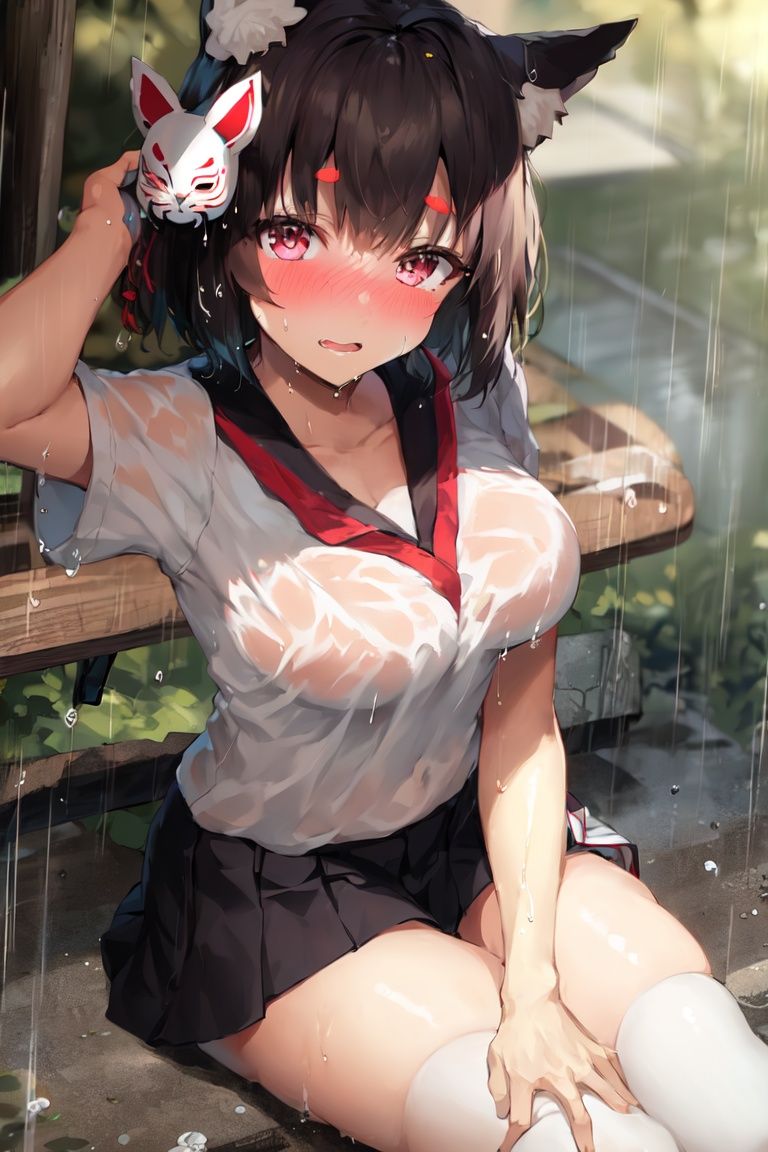 yamashiro\(azur lane\), \(street_corner_offensive\), school_uniform,pleated_skirt,(hair flip:1.2), looking at viewer, from above,park,rain, wet,mask,sitting, park bench, blush, embarrassed, cat_ears, masterpiece, best quality, extremely detailed face, sharp details, high contrast,
