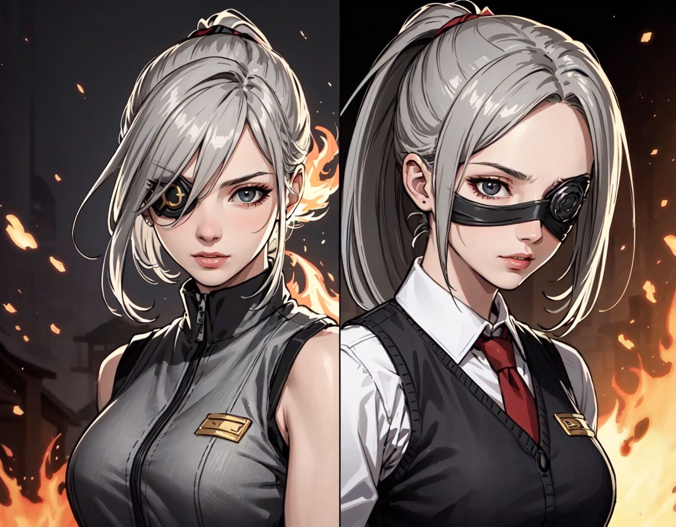 (masterpiece:1.2, best quality), photorealistic, (hyperrealistic:1.2), beautiful, a 23yo woman, grey hair, ponytail, vest, battle visor, (one eye covered), extremely detailed face, (perfect anatomy), fire, explosions, textured skin, warm lighting