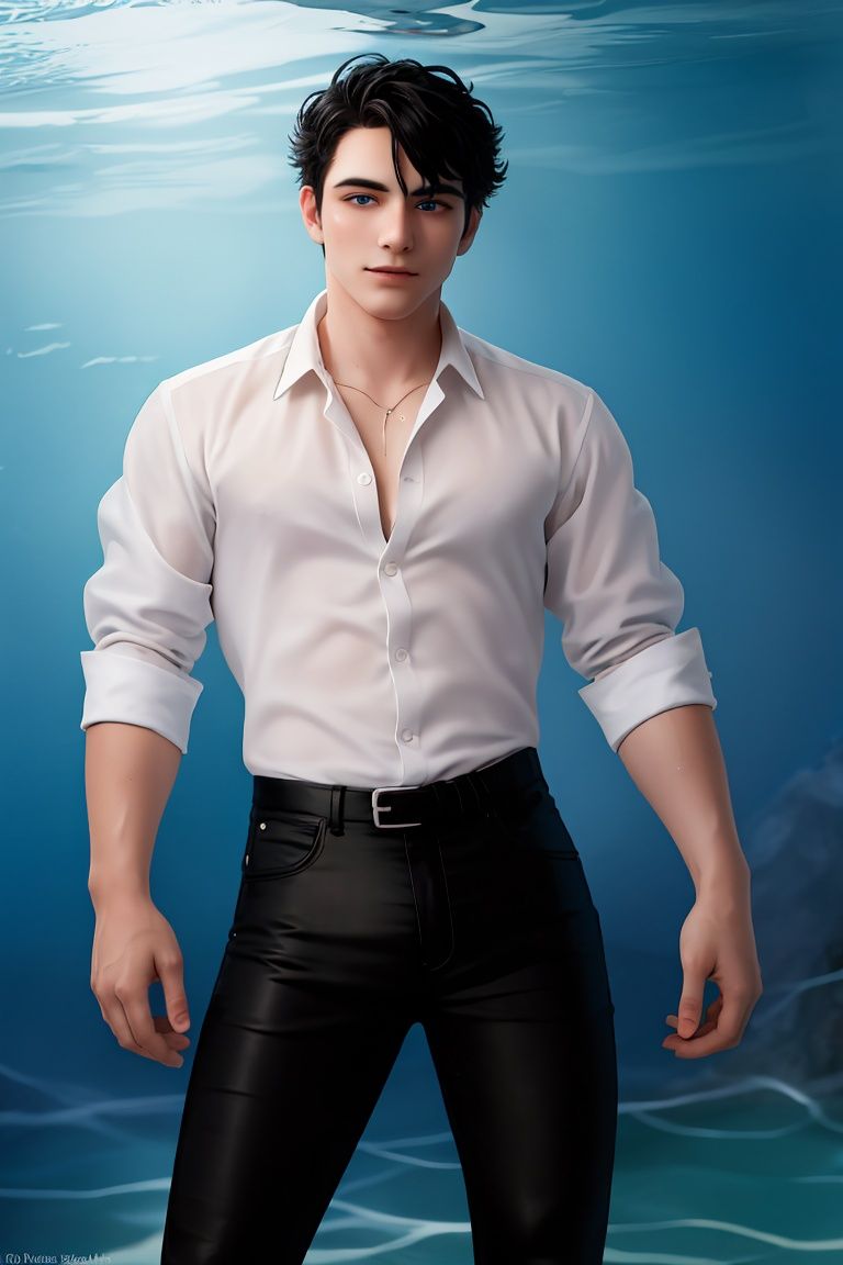(((masterpiece))), (((best quality))), (extremely detailed), (best illustration), impasto (((1boy))), cowboy shot, male focus, ((beautiful detailed eyes)), (((white shirt))), (((black pants))), (blue eyes), ((black hair)), standing, stand in the water, (perfect face), (delicate facial features), ((slender body)), (long legs), ((white glowing skin)), wet, flush, detailed skin and body, medium length hair, messy hair for man, toned male, rich background, sea, water
