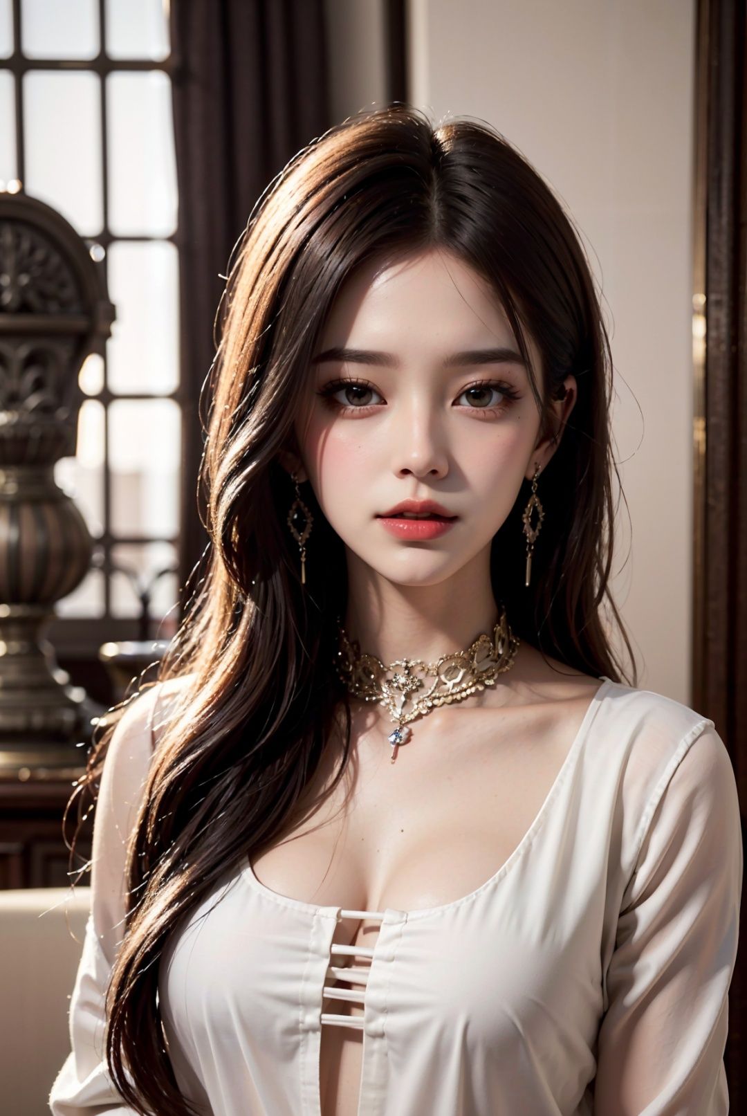 1girl,Best quality,masterpiece,ultra high res,intricate detail,finely detail,depth of field,(photorealistic:1.4),upper body,standing,looking at viewer,collar,parted bangs,straight hair,blusher,cute,shiny skin, <lora:wh_20230603204841:0.66> 