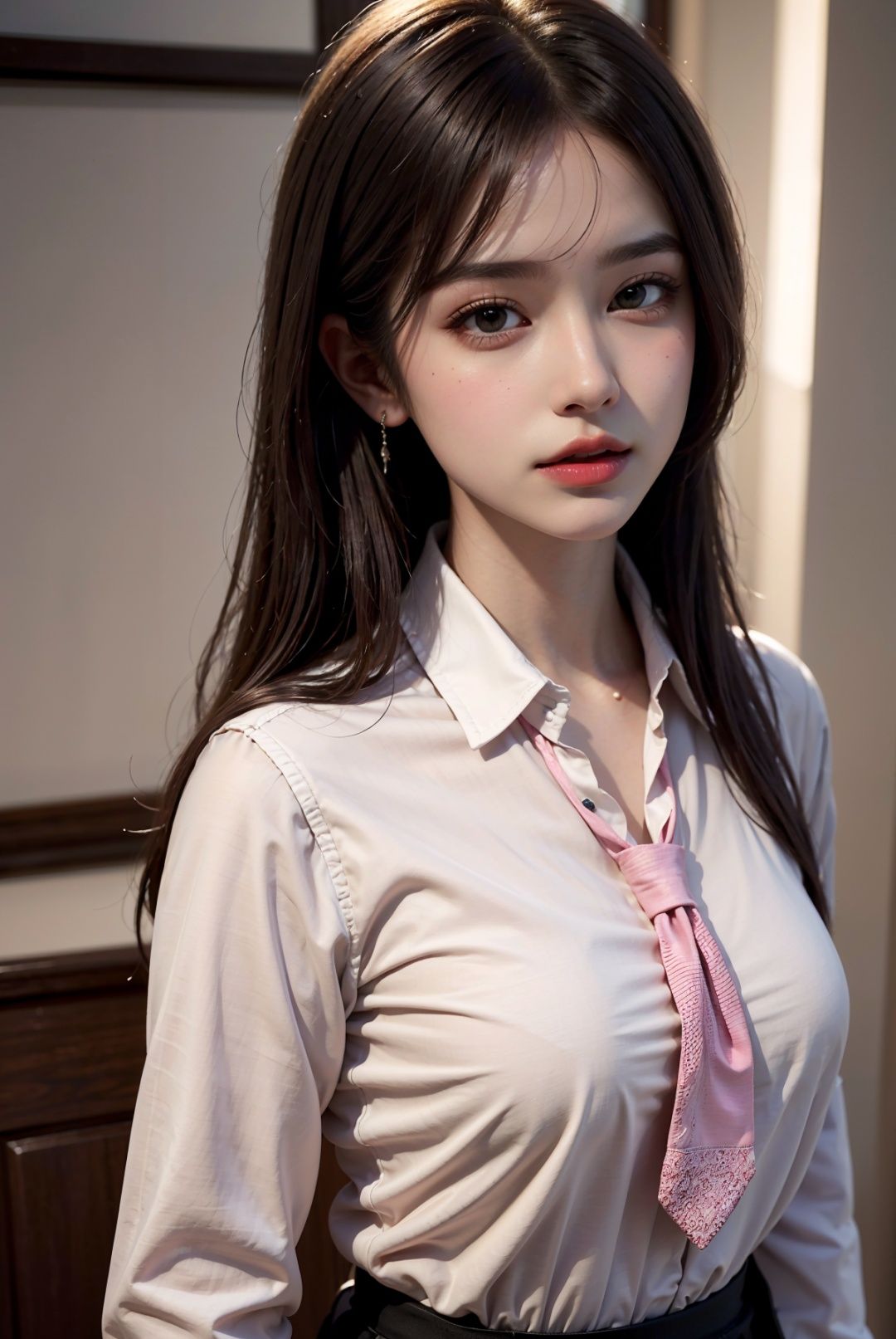 1girl,Best quality,masterpiece,ultra high res,intricate detail,finely detail,depth of field,(photorealistic:1.4),upper body,standing,long hair,parted bangs,straight hair,brownness hair,pink miniskirt,looking at viewer,shirt,necktie,blusher,shiny skin, <lora:wh_20230603204841:0.6>