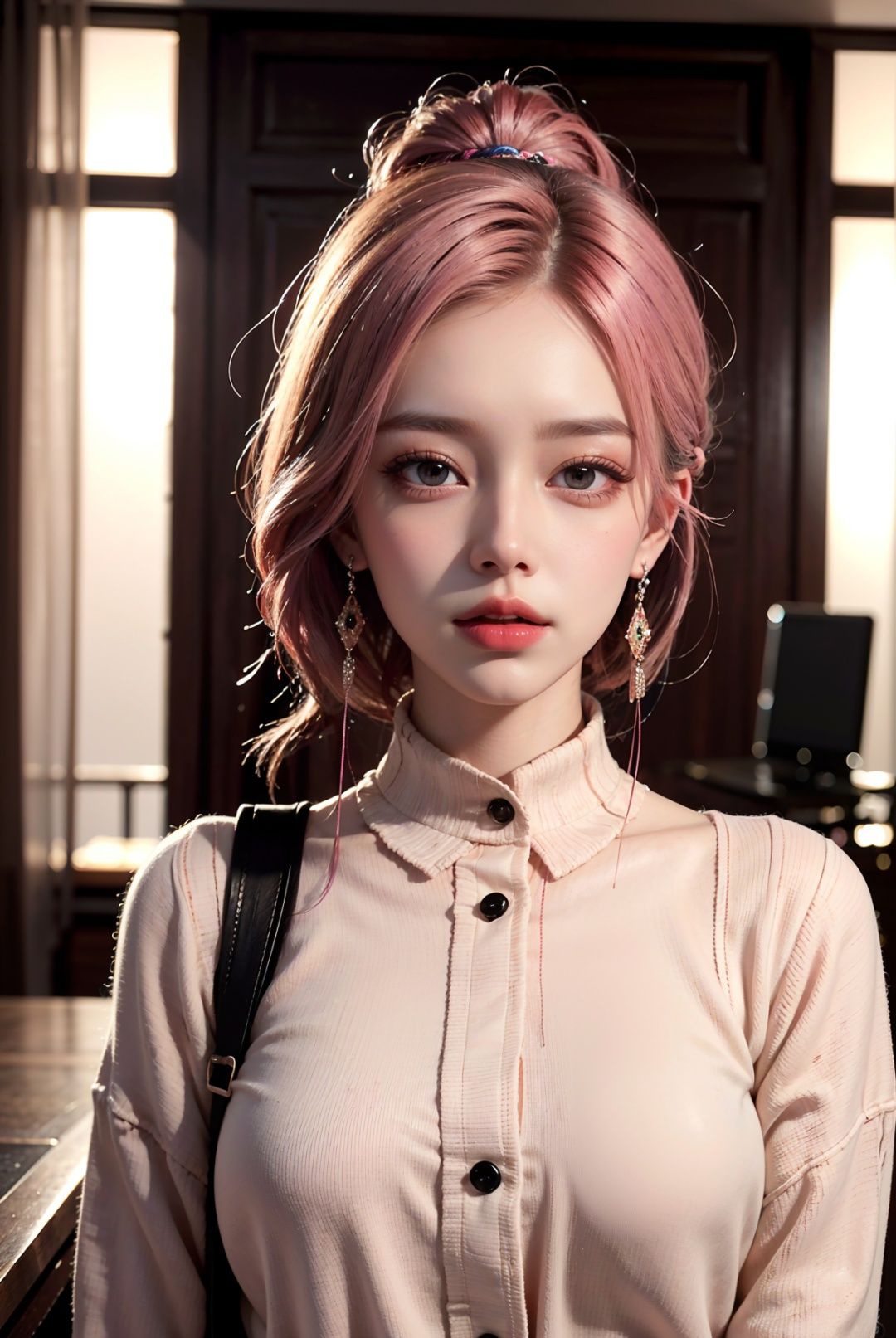 1girl,[pink|black] hair,upper body,standing,(pink miniskirt:1.1),(woolen shirt:1.1),(plaid shirt:1.1),looking at viewer,blusher,cute,shiny skin,best quality, masterpiece, Amazing,extremely detailed CG unity 8k wallpaper,finely detail,beautiful detailed eyes,beautiful detailed face,highres,depth of field, <lora:wh_20230603204841:0.6>