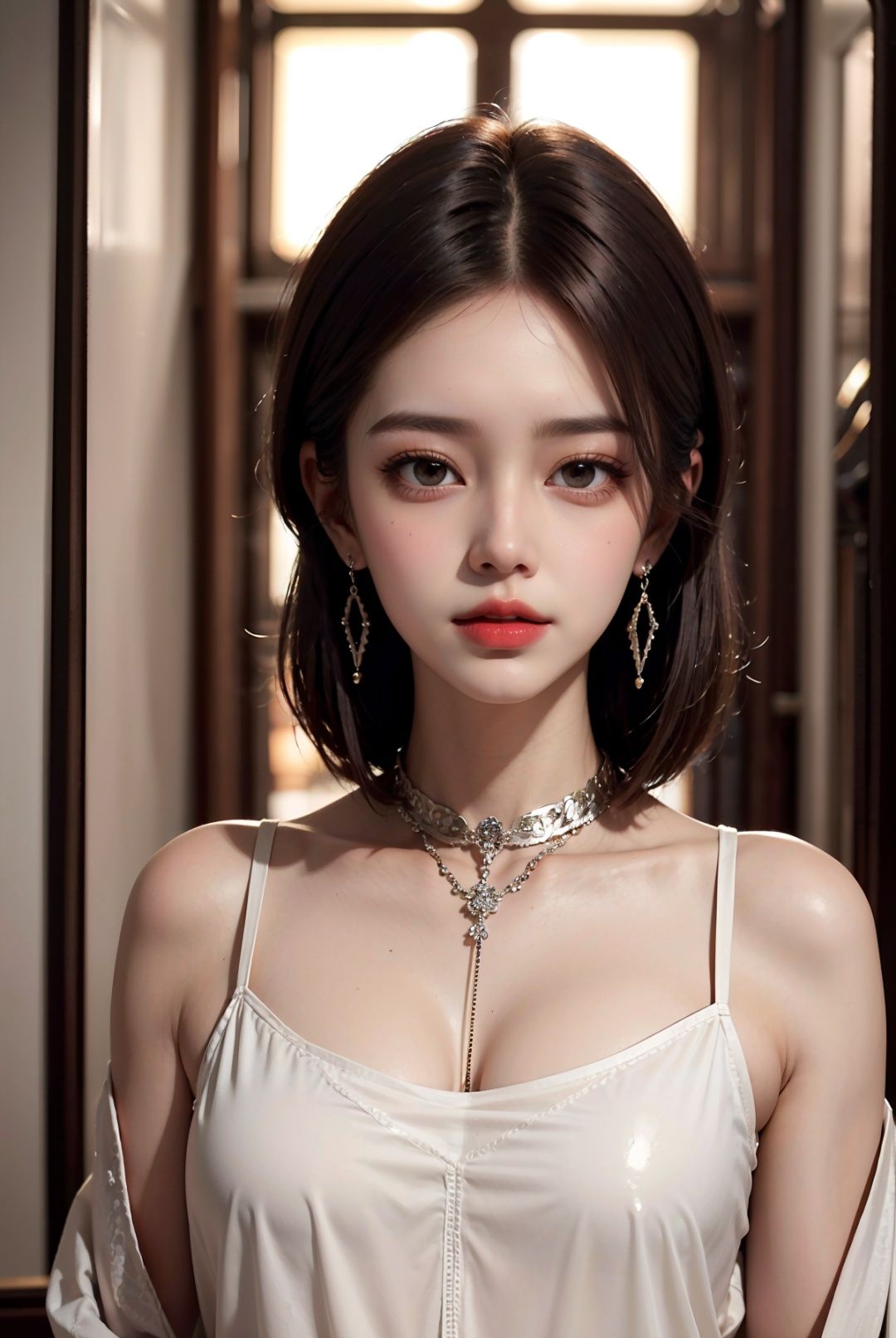 1girl,Best quality,masterpiece,ultra high res,intricate detail,finely detail,depth of field,(photorealistic:1.4),upper body,standing,looking at viewer,collar,parted bangs,straight hair,blusher,cute,shiny skin, <lora:wh_20230603204841:0.66> 