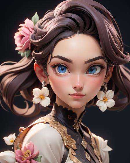 (Masterpiece: 1.5), (Best Quality: 1.5), High Resolution, Highly Detailed, 3DMM,1 Girl, Solo, Earrings, Jewelry, Flower, Perfect Face, Perfect Eyes, Low Contrast,