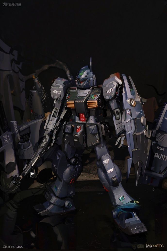 best quality, masterpiece,robot,(mecha robot:1.2), equipped with weapons, standing on a battlefield, (smoke and debris in the air:1.1), (craters on the ground:1.2), (gray and desolate surroundings:1.1), locked on to an enemy target, (red targeting display:1.1), (weapons charged and ready:1.2), (pilot in the cockpit:1.1), (fierce determination:1.2), (helmets equipped:1.1), (advanced technology:1.2), engaged in intense battle, (lasers and missiles:1.1), (explosions and smoke:1.2), (quick and agile maneuvers:1.1), (powerful and devastating attacks:1.2), creating a thrilling and action-packed scene.(Ruins: 1.2), shattered buildings, (debris and dust: 1.1), garbage scattered on the ground, (dilapidated cars and waste: 1.2), (brick and concrete fragments: 1.1), (dim street lights illuminating the road: 1.2), (barren scene: 1.1), destroyed public facilities, (damaged telephone poles and wires: 1.1), (broken or completely destroyed buildings: 1.2), (unmanned streets: 1.1), (heartbreaking scene: 1.2), <lora:zhenbaojimu:1>