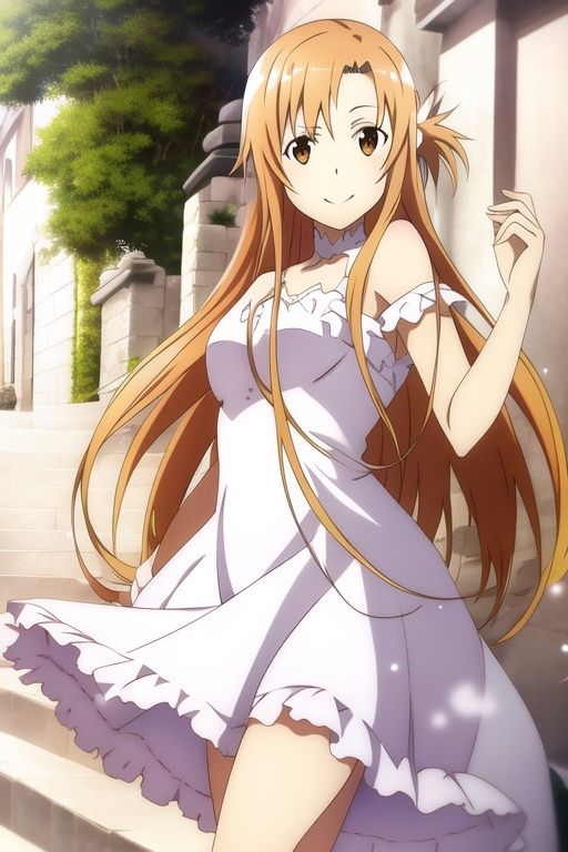 <lora:asuna:1>，(1 gir1),best quality, asuna \(sao\), smile,white dress, 