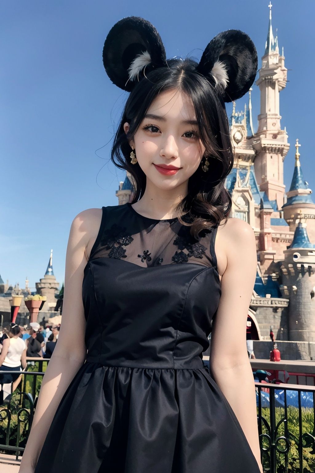 <lora:disney:0.7>,disneyland,1 girl,(cute dress:1.3),black hair,upper body,from front,(ears:1.1),looking at viewer, 