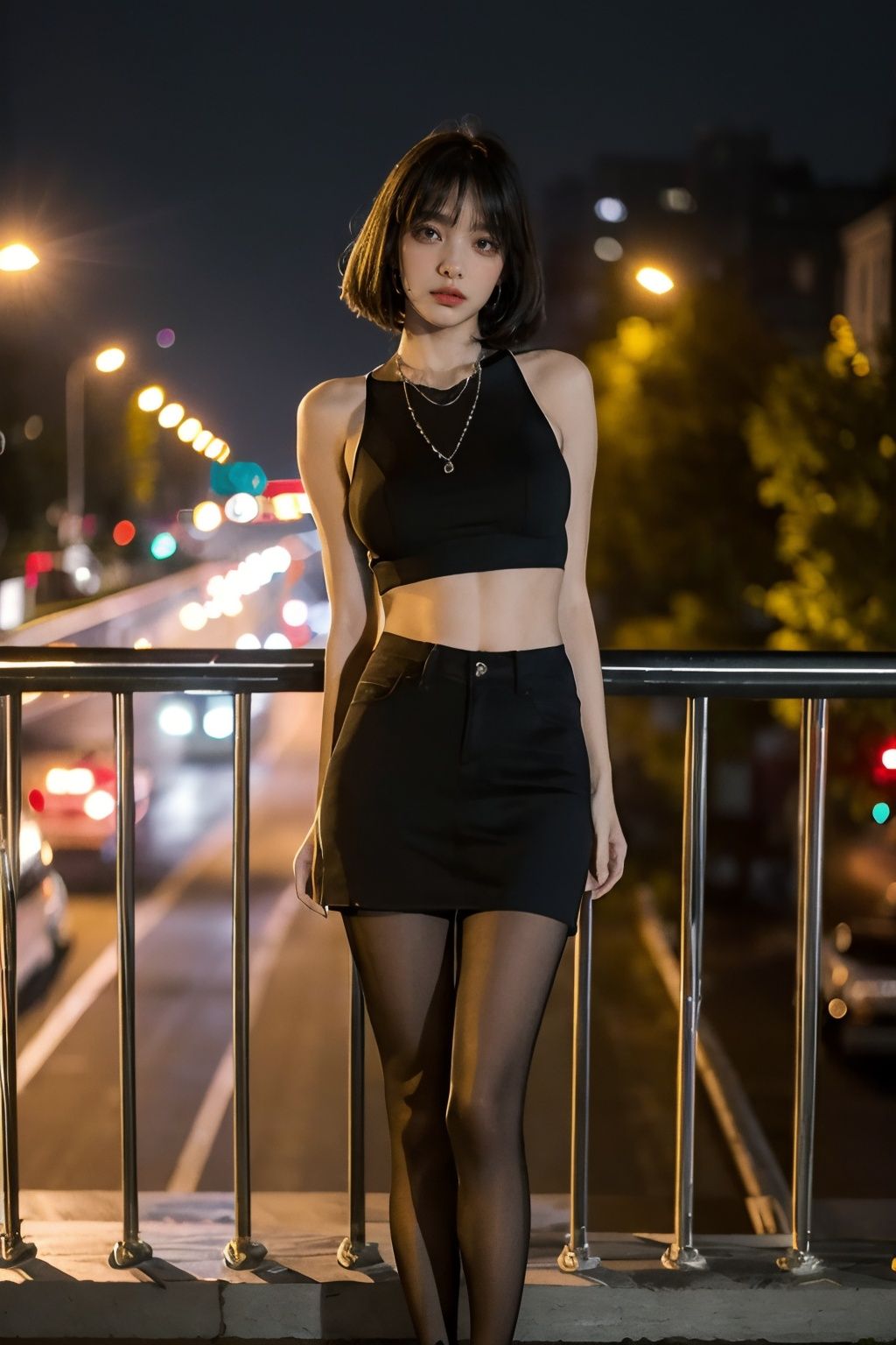 <lora:overbridge_20230616201551-000004:0.8>,overbridge,1girl,solo,bob cut,black hair,midriff,(night:1.3),looking at viewer,(standing,black_pantyhose:1.3),(soft lighting, high saturated),vivid illumination,enchanting elegance,atmospheric depth,masterful technique,naturalistic representations,harmonious composition,creative refinement,striking juxtapositions,