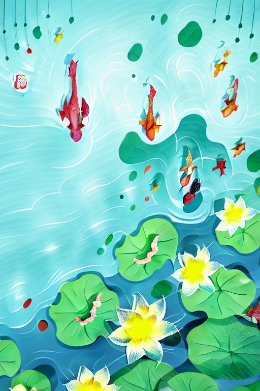 a painting of a pond with fish and lily pads and a koi fish swimming in the water and a lily pad floating in the water