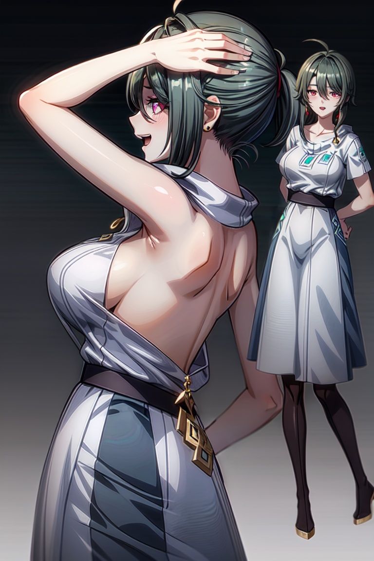 (masterpiece:1.3), best quality, official art, magazine cover, ultra detailed,learrings, red eyes,dress, bangs, (white long dress:1.7), short sleeves, short hair, hair between eyes, grey hair,(vita), thighhighs, long hair, open mouth,  restrained, breasts, on side, jewelry, bangs, shirt,  no shoes,  black thighhighs, long sleeves, torn thighhighs,Open mouth indicating flustered,torogao,orgasm,breasts, monochrome, large breasts, dress, arms behind back, open mouth, 1girl, smile, sidelocks, side ponytail, ponytail, bra, nape, profile, multiple views