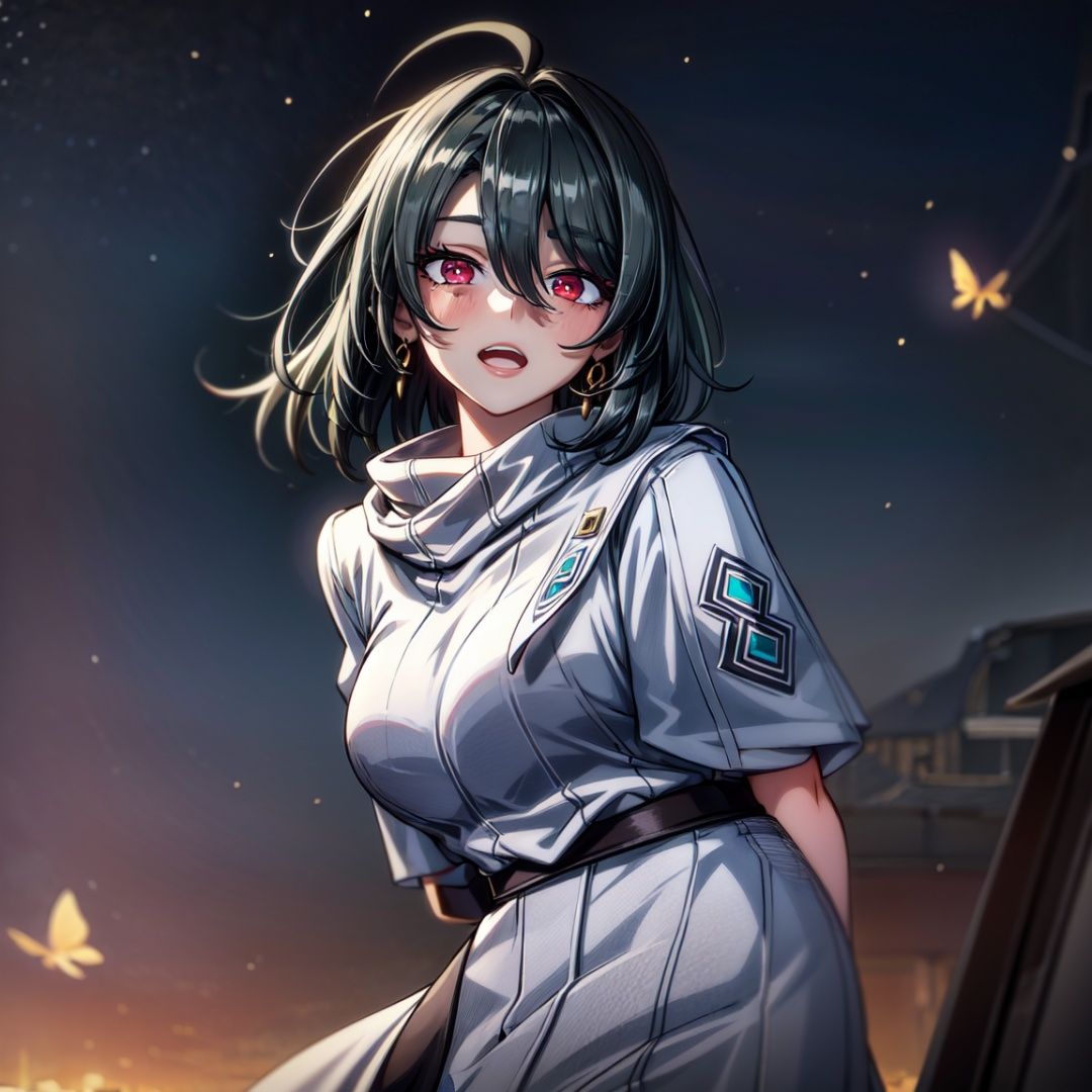 {best quality}, {{masterpiece}}, {highres}, original, extremely detailed 8K wallpaper, {an extremely delicate and beautiful}, 1girl,  red eyes,dress, bangs, (white long dress:1.7), short sleeves, short hair, hair between eyes, grey hair,(vita),arms behind back,colorful startrails,Isekai cityscape,flying butterfly,detailed background,cafe,