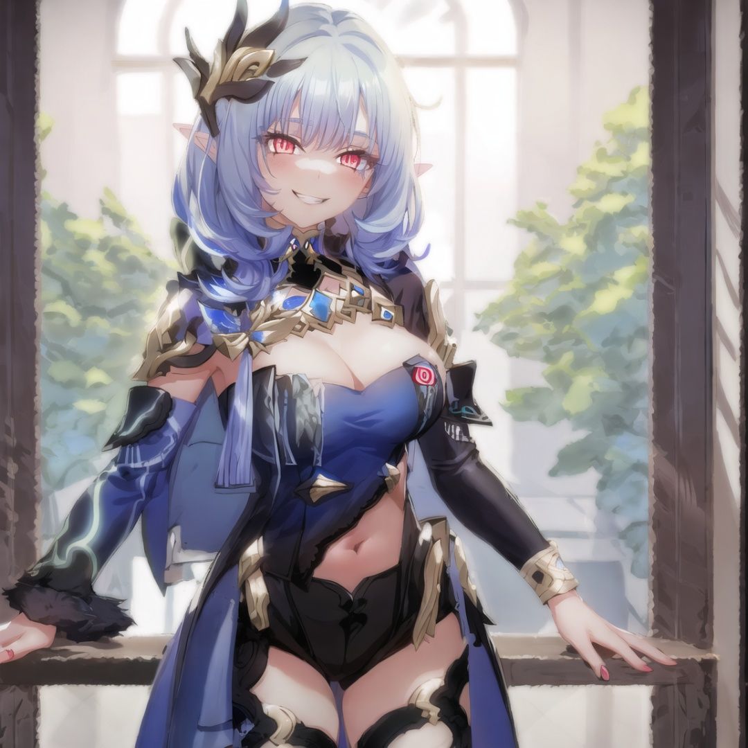 1girl, breasts, pointy ears, hair ornament, solo, looking at viewer, cleavage, bangs, smile, long hair, closed mouth, blue hair, elf, (corrpution), indoors,evil smileevil grin,seductive smile ,