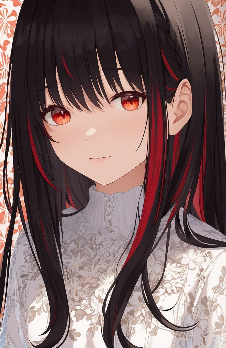 masterpiece,best quality,(Illustration:1.4),(detailed),Bright color,extremely detailed wallpaper,portrait,looking at viewer,lean to one side,red streaked hair,long black hair,Sideways,Sit.,The lining highlights,