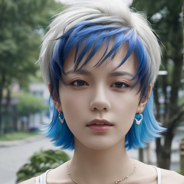 1girl, solo, jewelry, earrings, blurry background, looking at viewer, multicolored hair, blurry, shirt, short hair, white hair, upper body, realistic, blue shirt, collared shirt, blue hair, black eyes, bangs, two-tone hair, lips, outdoors, closed mouth, depth of field, buttons, streaked hair, <lora:zhao_20230615103520:0.8>