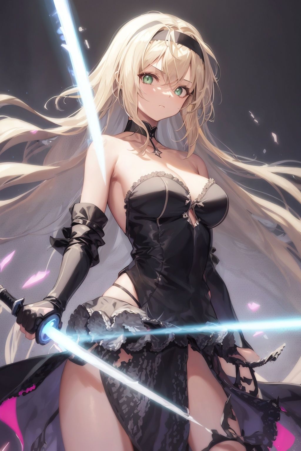 1girl, solo, blonde hair, long hair, green eyes, dress, weapon, detached sleeves, arms up, black dress, sword, armpits, looking at viewer, breasts, hair between eyes, parted lips, medium breasts, holding weapon, magic, detached collar, very long hair, copyright name, holding, bare shoulders, standing, holding sword, glowing weapon, grey background, gradient hair, long sleeves, glowing, multicolored hair, bangs, cleavage, strapless, cowboy shot, frills, floating hair, choker, habit, side slit, simple background, nun, skirt, glowing sword, strapless dress, company name, watermark, headband, ahoge, ribbon