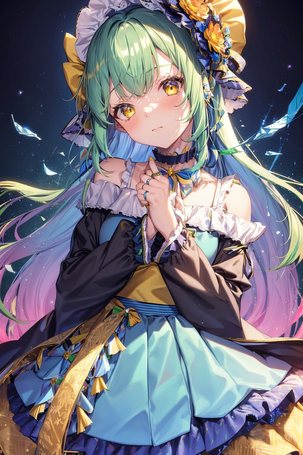 1girl, solo, green hair, looking at viewer, flower, blush, hair between eyes, green eyes, choker, red flower, closed mouth, frills, long sleeves, rose, bangs, long hair, upper body, wide sleeves, collarbone, hat, bonnet, red rose, japanese clothes, holding, sash, ribbon, kimono, jewelry, sidelocks, yellow eyes, obi, gem, blue headwear, virtual youtuber, frilled sleeves, brooch, multicolored background, frilled choker, black choker, shirt, bow, blue choker, green kimono, crossed bangs, neck ribbon, hands up, frilled collar, see-through, yellow flower, blue hair, striped, multicolored clothes, ring, head tilt, blue ribbon, dress