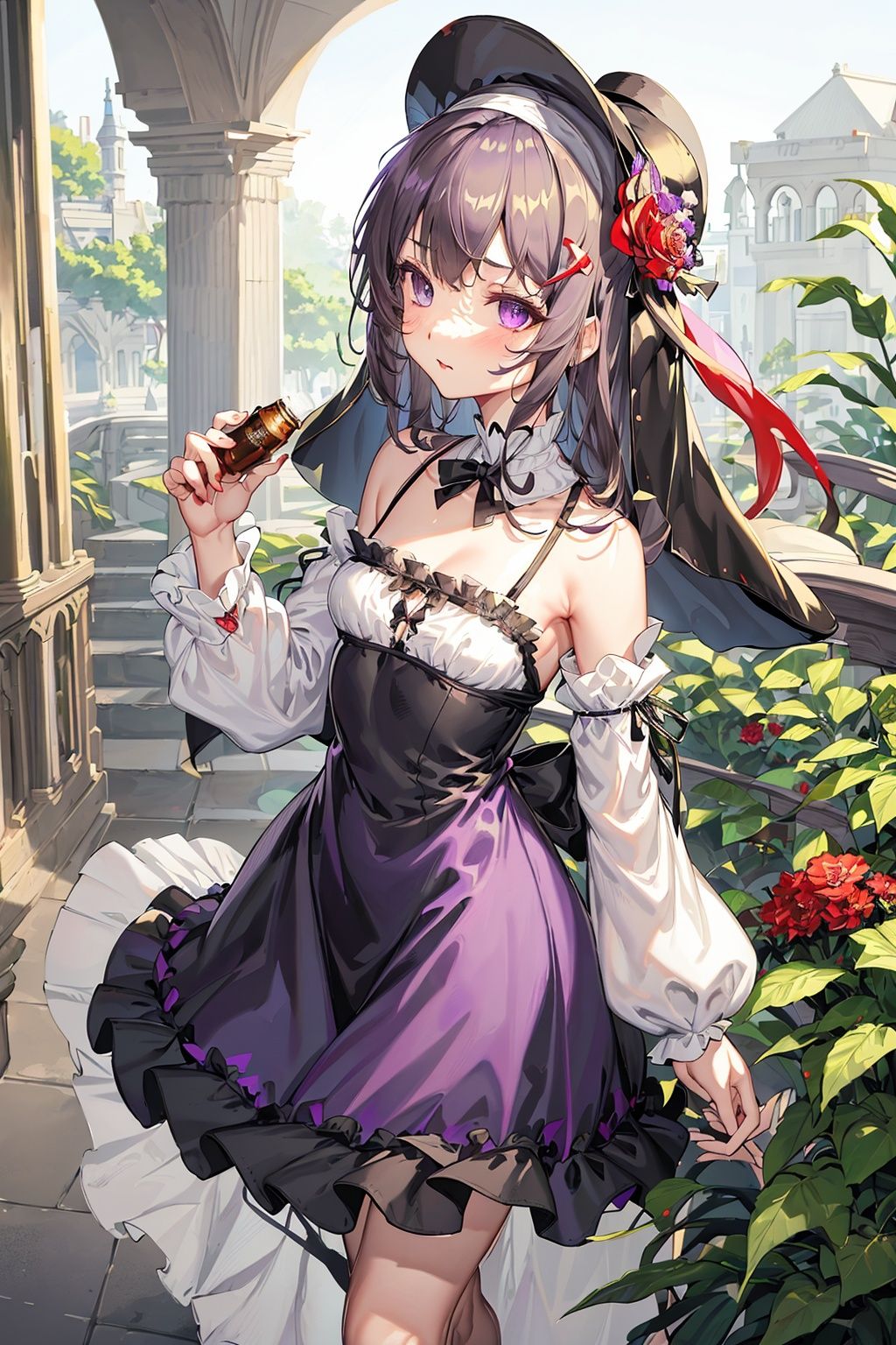 ((walk:1.4))，((Purple eyes)),(A nun's dress),,(jeweled_branch_of_hourai),(fisheye),((atrium:1.4)),1girl, solo, purple eyes, long hair, looking at viewer, hat, dress, white background, flower, simple background, black headwear, grey hair, smile, blush, bangs, black dress, upper body, mini hat, long sleeves, hair ornament, closed mouth, frills, hair flower, hat flower, virtual youtuber, cross, arms at sides, breasts, ((red flower)),(( top hat)), white dress, hair intakes, collared dress, ((tilted headwear)), ribbon, mini top hat, lolita fashion, white ribbon, frilled dress,1girl, takagaki kaede, solo, pantyhose, mole under eye, mole, short hair, bare shoulders, drinking, alcohol, blue eyes, brown hair, shorts, bottle, simple background, green eyes, legwear under shorts, collarbone, black pantyhose, breasts, off shoulder, beer, fringe trim, green hair, holding, cleavage, can, looking at viewer, detached sleeves, small breasts, cowboy shot, sake, heterochromia, white background, dress, medium breasts, spaghetti strap, standing, profile, beer can, black shorts, <lora:彩线-OneLastKiss:0.25> ,<lora:画风很对pastelmixInspiredV3_v3:0.15> <lora:Anime Tarot Card Art Style LoRA (塔罗牌タロットカード):0.15>