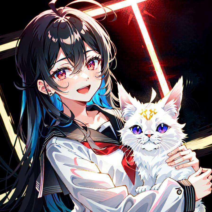 detailed,best quality,masterpiece,illustration,wallpaper,,1girl,solo,upper bodywhite bow,:d,smile,eyeliner,long hair, black hair,(ahoge:1.2),bangs,hair between eyes,gray inner hair,red eyes,looking at viewer,black sailor collar,black serafuku,long sleeves,dimly lit