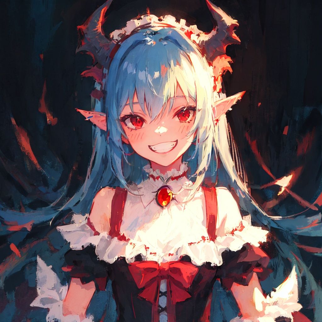 (best quality),(masterpiece),illustration,1girl, solo,monster girl,fangs, grin,red eyes,horror