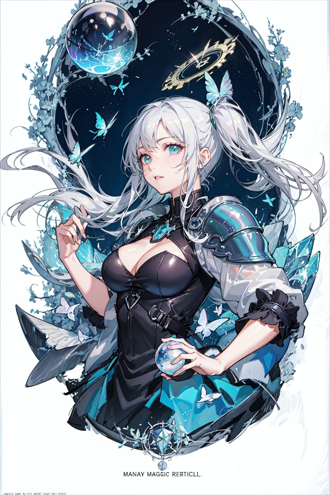 (Highest picture quality),(Master's work), (ultra-detailed),(Detailed eye description:1.2),(floating colorful wind:1.4),(upper body:1.5),(manny colorful butterfly:1.3),(clouds sea),(cleavage),(movie poster:1.5),(Tarot border:1.4),a girl dress,(white armor:1.3),(blue ribbon:1.2),(water magic:1.2),(detailed face:1.2), (medium breasts),(thigh bands),(white hair:1.3),(high twintails),the portrait is centered,(bouncing breasts:1.2),(from below:1.1),(close-up:1.2),(looking to the side:1.3),(chaotic geometric images:1.3),(nagative space:0.8),(drawing board:1.3),(huge crystal ball:1.5), (halo:1.3),(ether colorful ink flowing:1.3)