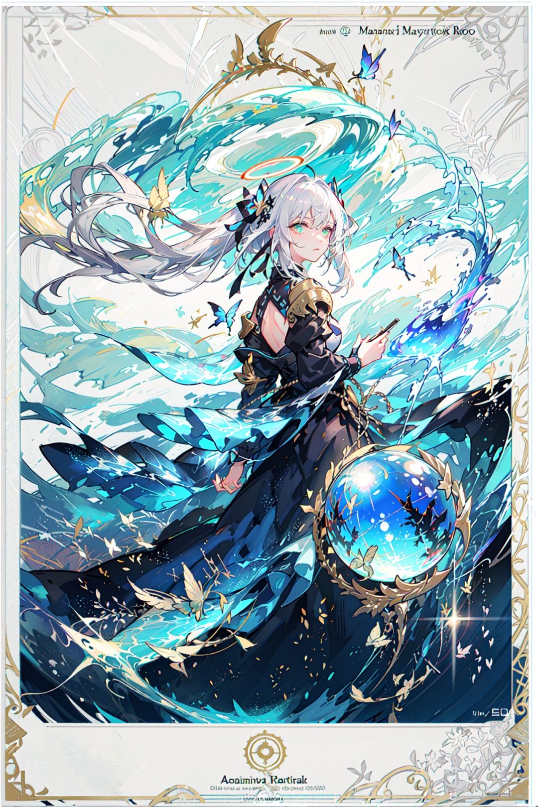 (Highest picture quality),(Master's work), (ultra-detailed),(Detailed eye description:1.2),(floating colorful wind:1.4),(upper body:1.5),(manny colorful butterfly:1.3),(clouds sea:1.4),(lens flare:1.3),(grim expression:1.5),(cleavage),(movie poster:1.3),(Tarot border:1.3),a girl dress,(white armor:1.3),(blue ribbon:1.2),(water magic:1.2),(medium breasts),(thigh bands),(white hair:1.3),(high twintails),the portrait is centered,(from below:1.1),(close-up:1.2),(looking away:1.5),(chaotic geometric images:1.3),(nagative space:0.8),(drawing board:1.3),(huge crystal ball:1.2), (halo:1.3),(ether colorful ink flowing:1.3)