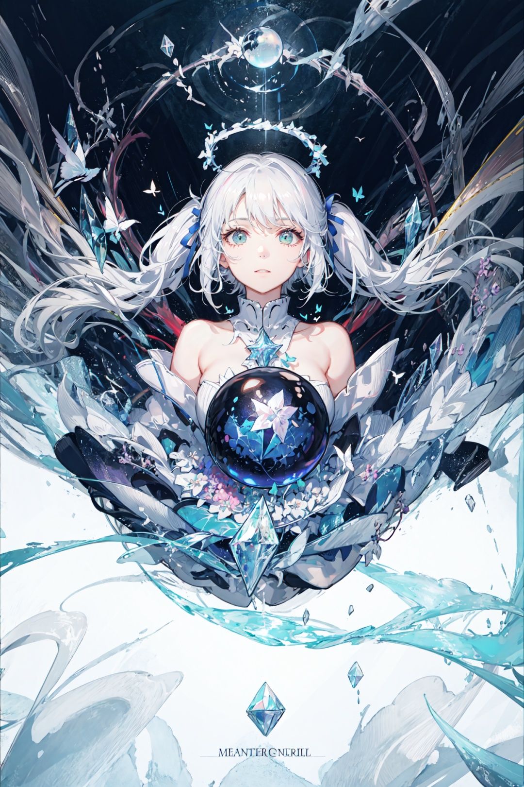 (Highest picture quality),(Master's work), (ultra-detailed),(Detailed eye description:1.2),(floating colorful wind:1.4),(upper body:1.5),(manny colorful butterfly:1.3),(clouds sea),(cleavage),(movie poster:1.5),(Tarot border:1.4),a girl dress,(white armor:1.3),(blue ribbon:1.2),(water magic:1.2),(medium breasts),(thigh bands),(white hair:1.3),(high twintails),the portrait is centered,(bouncing breasts:1.2),(from below:1.1),(close-up:1.2),(looking to the side:1.3),(chaotic geometric images:1.3),(nagative space:0.8),(drawing board:1.3),(huge crystal ball:1.5), (halo:1.3),(ether colorful ink flowing:1.3)