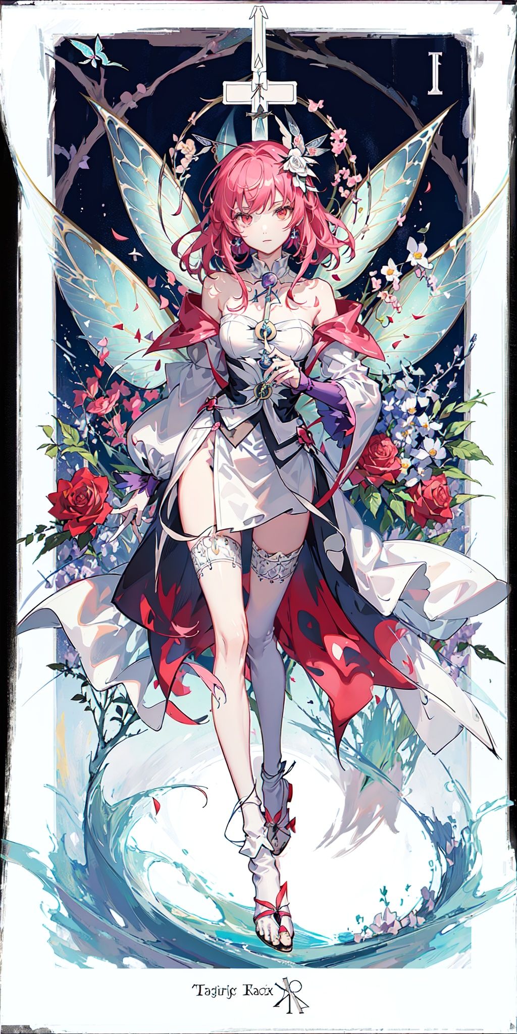 (Golden Ratio:1.2),(rose graffiti:1.2),(fault color:1.3),[(white background:1.4)::10], (full body:1.2),(ultra-detailed:1.3),(tarot:1.6),(the magician (tarot):1.6),(paper:1.2),(fairy:1.6),(fairy wings:1.2),full body, standing in the air,(cool:1.2),(red long hair),(butterfly hair ornaments),(flower hair ornaments:1.0),((sandal,Locket)),(colorful cocktail long dress:1.0)+(Loose sleeves  coat :1.3)+(floting colorful tassel and ribbon :1.2),(White stockings:1.2),(colorful ink paper flower grow on the face:1.2),(colorful flower sea:1.3),(chaotic geometric images:1.3),(nagative space:0.8),(drawing board:1.3),(ether colorful ink flowing:1.3)