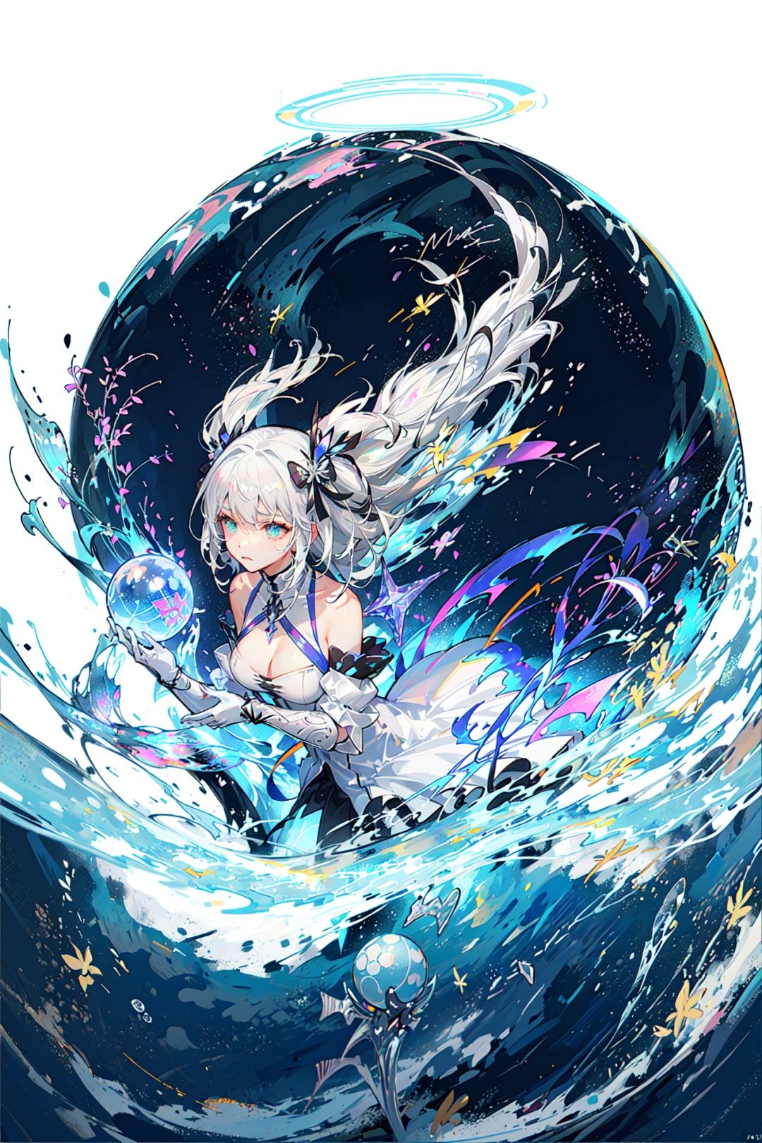 (Highest picture quality),(Master's work), (ultra-detailed),(Detailed eye description:1.2),(floating colorful wind:1.4),(upper body:1.5),(manny colorful butterfly:1.3),(clouds sea:1.4),(lens flare:1.3),(grim expression:1.5),(cleavage),(movie poster:1.3),(Tarot border:1.3),a girl dress,(white armor:1.3),(blue ribbon:1.2),(water magic:1.2),(medium breasts),(thigh bands),(white hair:1.3),(high twintails),the portrait is centered,(from below:1.1),(close-up:1.2),(looking away:1.5),(chaotic geometric images:1.3),(nagative space:0.8),(drawing board:1.3),(huge crystal ball:1.2), (halo:1.3),(ether colorful ink flowing:1.3)