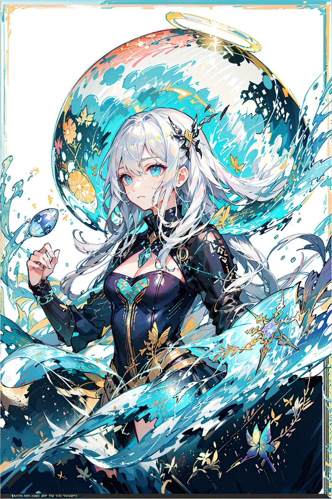(Highest picture quality),(Master's work), (ultra-detailed),(Detailed eye description:1.2),(floating colorful wind:1.4),(upper body:1.5),(manny colorful butterfly:1.3),(clouds sea:1.4),(lens flare:1.3),(grim expression:1.5),(cleavage),(movie poster:1.3),(Tarot border:1.3),a girl dress,(white armor:1.3),(blue ribbon:1.2),(water magic:1.2),(medium breasts),(thigh bands),(white hair:1.3),(high twintails),the portrait is centered,(from below:1.1),(close-up:1.2),(looking away:1.5),(chaotic geometric images:1.3),(nagative space:0.8),(drawing board:1.3),(huge crystal ball:1.2), (halo:1.3),(ether colorful ink flowing:1.3)