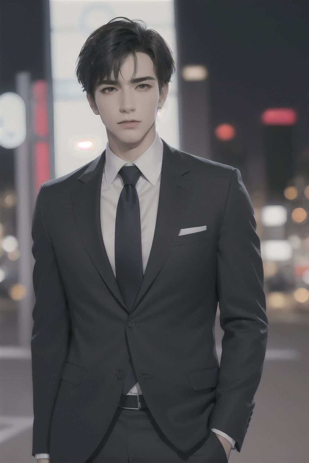 (absurdres, highres, ultra detailed, realistic, ), 1boy, solo, *****, mature, tall muscular guy, broad shoulders, handsome, very short hair, black hair, brown eyes, angular jaw, thick neck, thick eyebrows, night, dark, the night view of the city background, formal suit, necktie, upper body,  <lora:chillgray:0.6>
