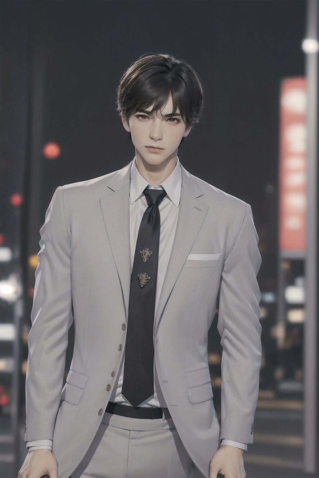 (absurdres, highres, ultra detailed, realistic, ), 1boy, solo, *****, mature, tall muscular guy, broad shoulders, handsome, very short hair, black hair, brown eyes, angular jaw, thick neck, thick eyebrows, night, dark, the night view of the city background, formal suit, necktie, upper body,  <lora:chillgray:0.8>
