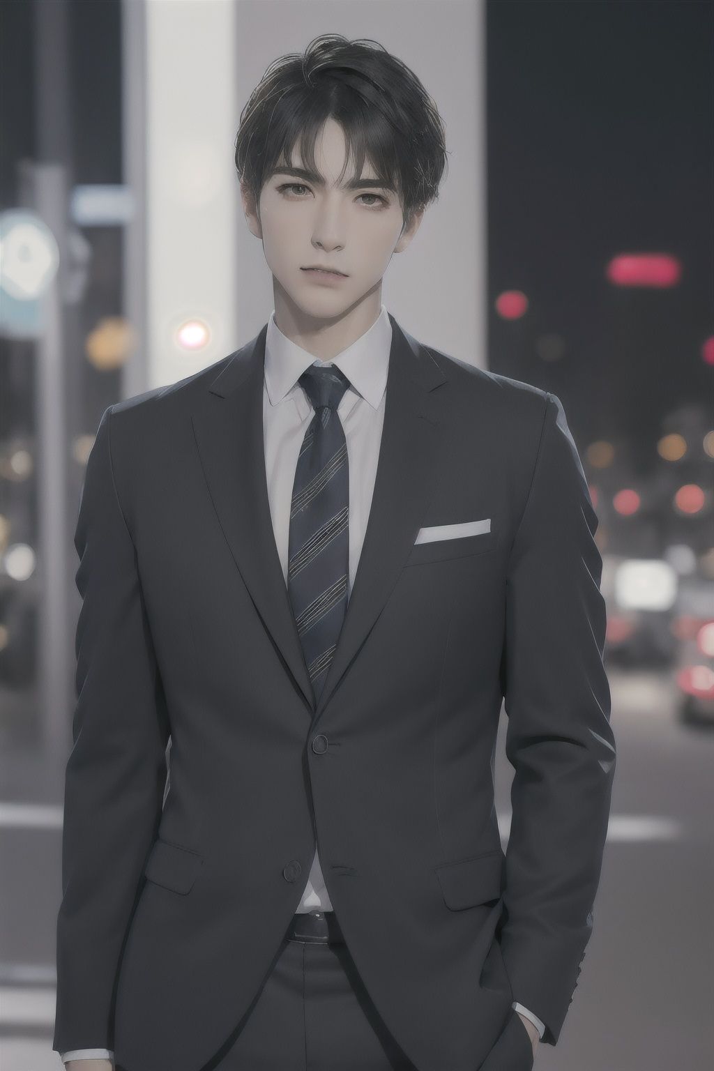 (absurdres, highres, ultra detailed, realistic, ), 1boy, solo, *****, mature, tall muscular guy, broad shoulders, handsome, very short hair, black hair, brown eyes, angular jaw, thick neck, thick eyebrows, night, dark, the night view of the city background, formal suit, necktie, upper body,  <lora:chillgray:0.8>