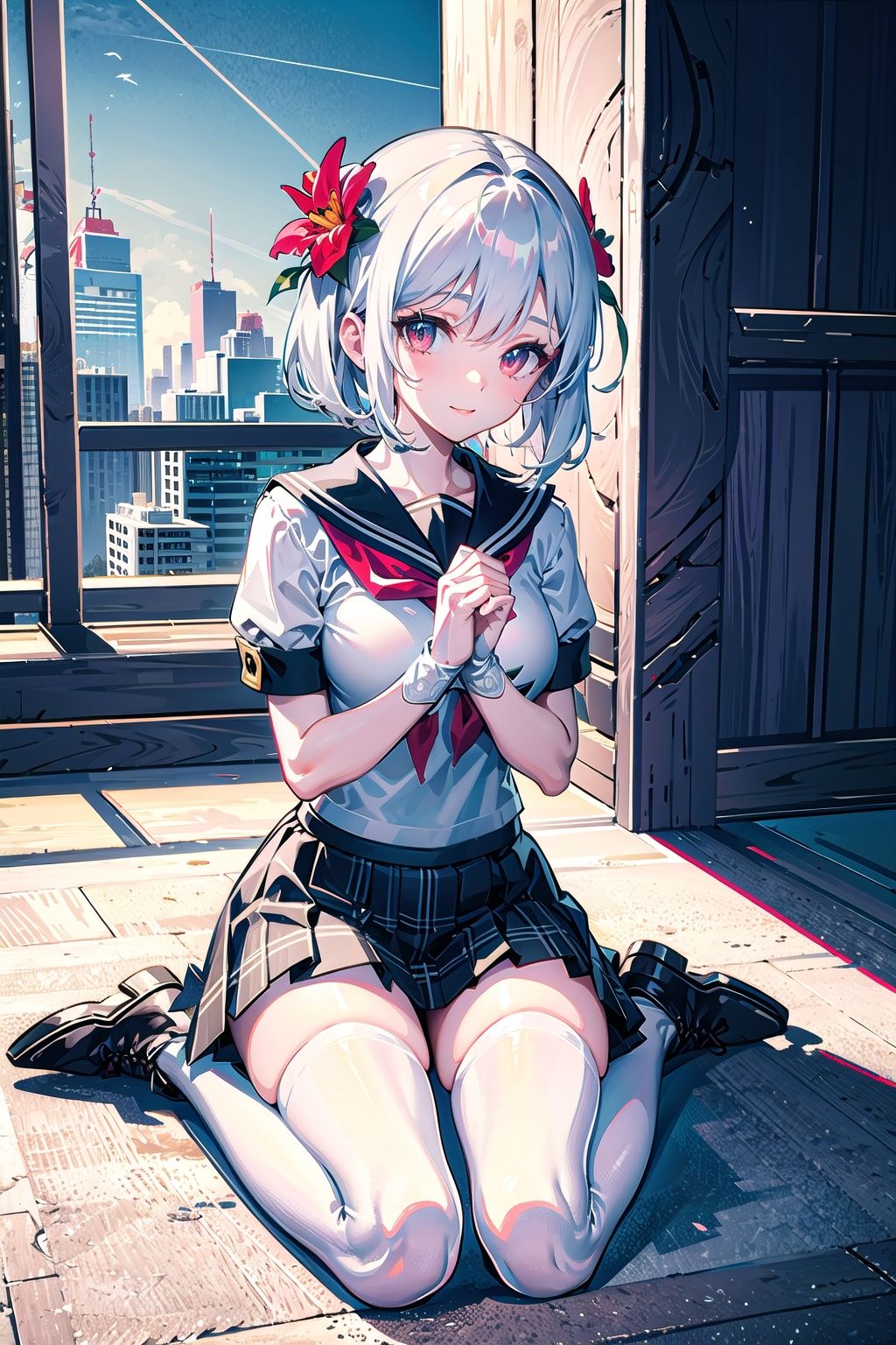 {an extremely delicate and beautiful}, extremely detailed CG unity 8k wallpaper,extremely detailed 8K wallpaper,solo,young girl,full body,hugging own legs,cityscape,outdoors,highres,masterpiece,game cg,short_hair,white_hair,red_eyes,looking at viewer,light smile,clenched hands,black_thighhighs,school uniform,plaid skirt,miniskirt,underpants,lace-up boots,bridal gauntlets,hair flower,medium_breasts,{wariza},{straight-on},Best quality, illustration, 1 girl,((loli)),beautiful detail eyes, beautiful detail sky,dramatic angle of film light;beautiful c,white pantyhose,white thighhighs,White silk