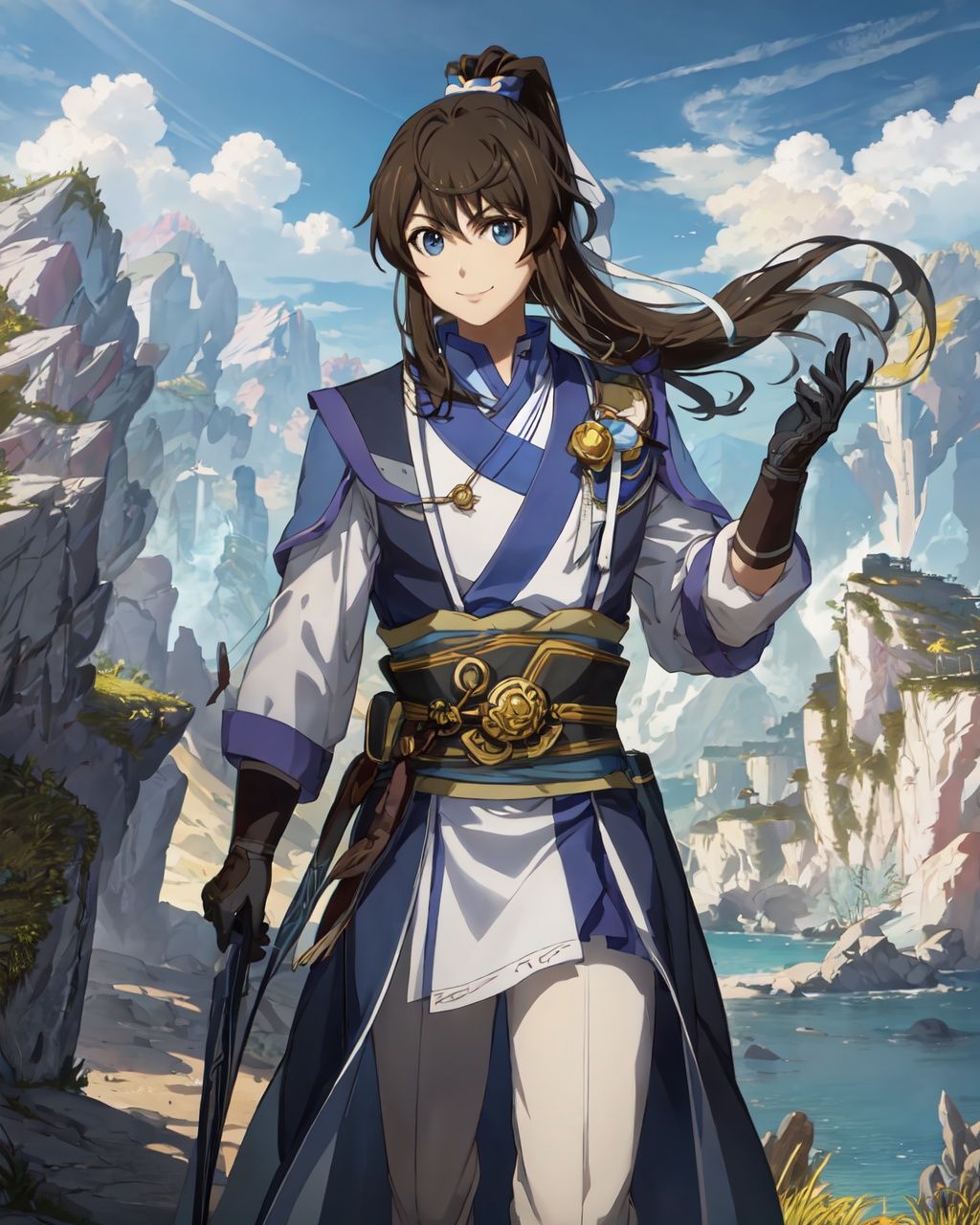 masterpiece, (best quality:1.3), game cg, extremely detailed 8K wallpaper, Dreamy, beautiful sunshine, wind, fantasy, epic scene, (beautiful and detailed background:1.3), cowboy shot,baixiaochun, 1boy, male focus, solo, looking at viewer, ribbon, smile, outdoors, mountain, cloud, sky, long sleeves,<lora:白小纯-000008:0.8>