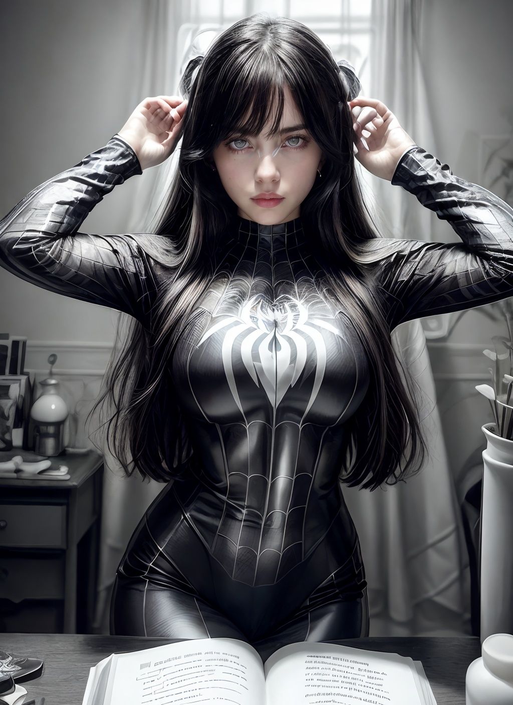 wearing spiderwoman_cosplay_outfit,black and white outfit, masterpiece, best quality,1girl,sks woman, art by CFA Voysey, photograph, birds-eye-view shot of a Feigned Moody Man, Reading, wearing Visual tiger print Ukrainian vyshyvanka, Mystical hair styled as Curtain bangs, Mind-Bending Wallet, Mayan Lip ring, Movie still, Guilty, film grain, Hasselblad, Zoom lens, Grayscale, <lora:lora_billie_v1_from_v1_160:1>, <lora:spiderwoman_cosplay_outfit:0.6>, <lora:more_details:1>
