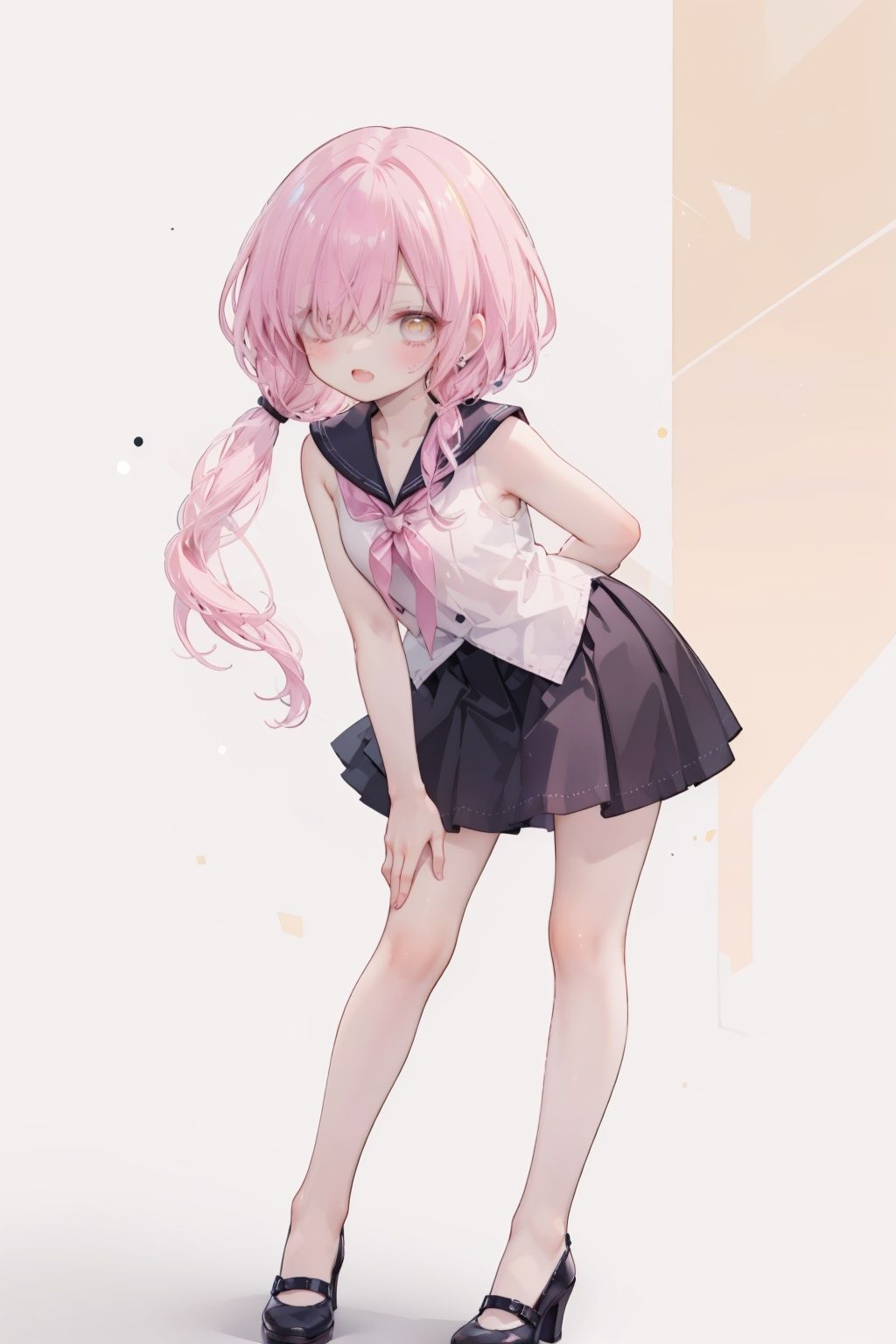 pink hair,yellow eyes,hair over one eye,hair tie,medium hair with long locks , low tied,low ponytail,long locks,solo locks,full body,child,small breasts,bare shoulders,blush,light smile,open mouth, winking,standing, school uniform,standing,full_body,arms behind back, leaning forward,bare legs,high heels,loli